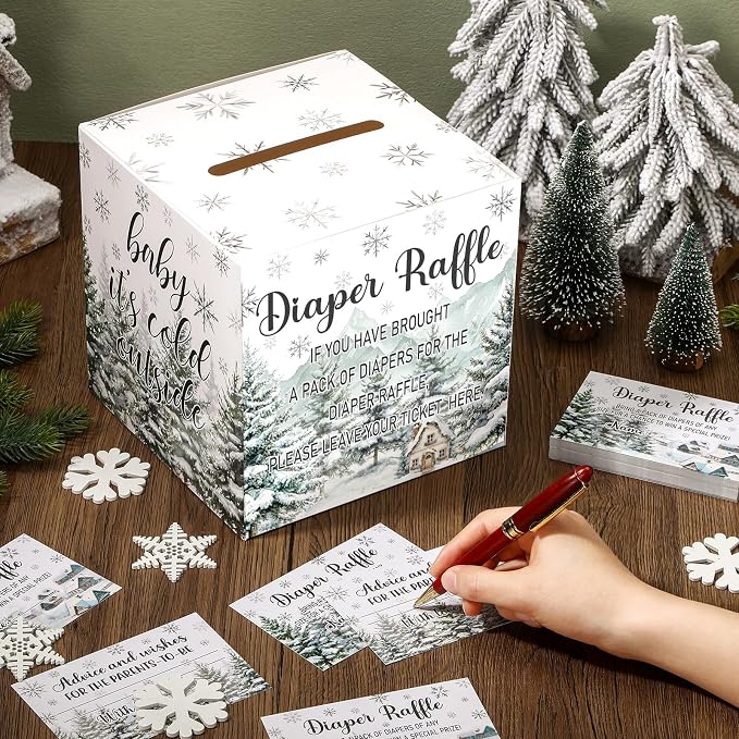 Teling 51 Pieces Diaper Raffle Tickets with Card Box Baby Shower Decorations Gender Reveal Holder Box for Girl Boy Diaper Raffle Party (Baby It's Cold Outside)