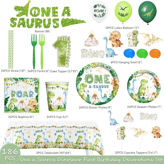 Hombae One a Saurus Birthday Decorations, Dinosaur 1st Birthday Party Supplies with One-A-Saurus Tableware, Plates, Napkins, Hanging Swirls for Boys First Dino Theme Party, Serves 24