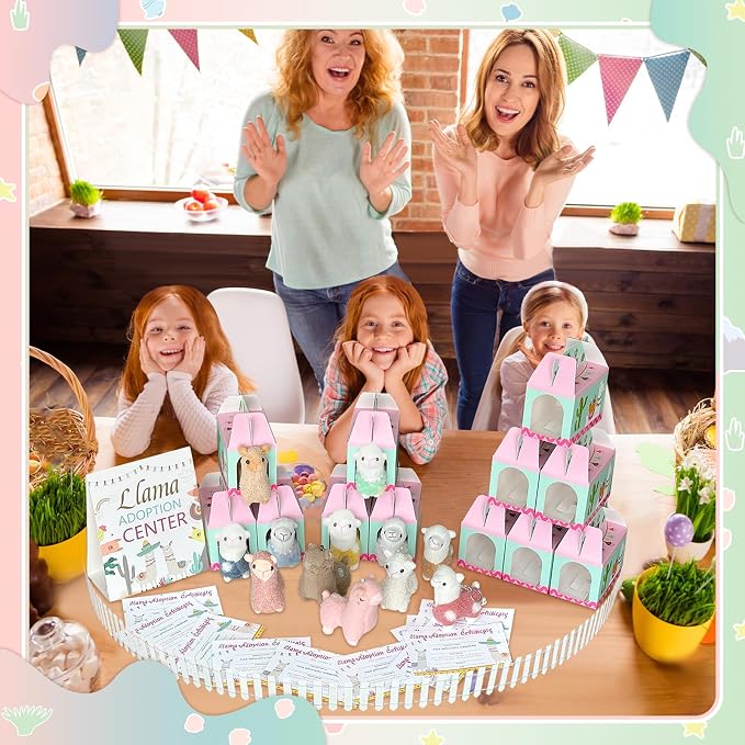 38 Pcs Adopt a Pet Llama Party Favor Set Include 12 Plush Llama 12 Foldable Party Boxes 12 Adoption Certificates 1 Signboard 1 Fence for Adopt a Llama Birthday Party Decorations