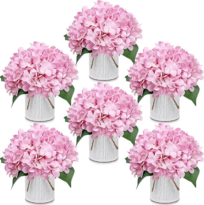 Flower Table Centerpieces - Set of 6 Floral Arrangement Artificial Wedding Hydrangeas Floral Arrangement with Rustic Metal Vase for Bridal Tea Party Event Decorations - Blush Pink