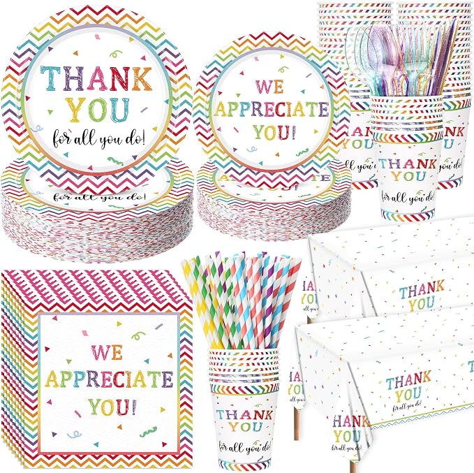 Funnymoom 452 Pcs Thank You Party Decorations for 50, We Appreciate You Paper Plates Napkins Cups Tablecloth Cutlery Straws for Employee Staff Housekeeping Week Pastor Appreciation Party Supplies