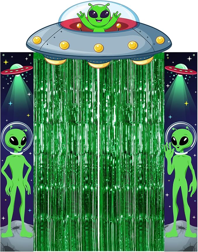 Avezano Alien Party Decorations Set Alien Birthday Party Supplies | 5Pcs, UFO Backdrop Porch Sign Banner Green Foil Fringe Curtains for Boys Men, Photo Booth Props