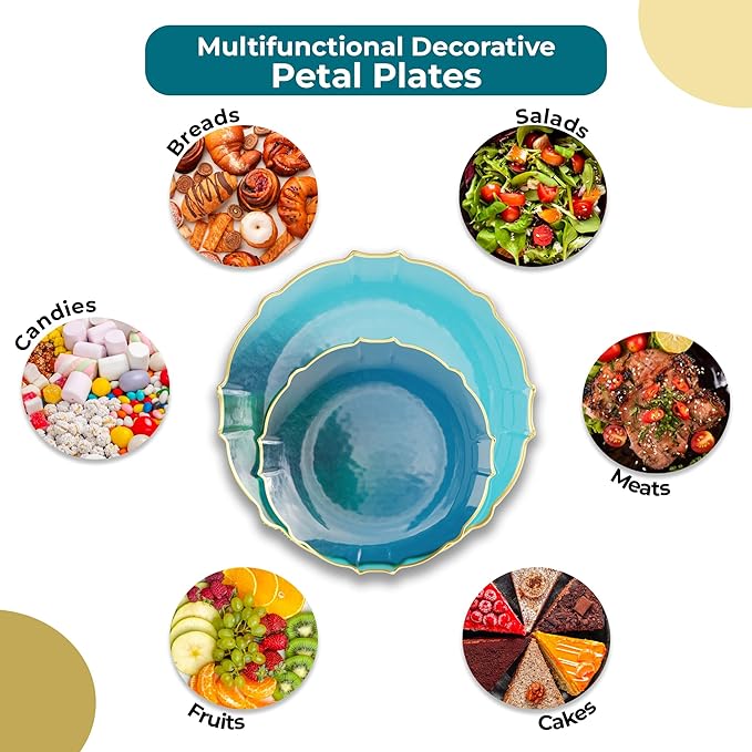 Exquisite Plastic Plates for Party 40 Piece Fancy Plastic Dinner Plates For 20 Guests 20 X 7.5 Dessert Plate & 20 X 10 Thin Delicate Disposable Dinnerware Charger Plate Peacock Gold Rim