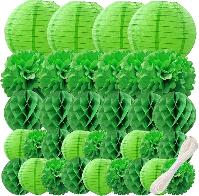 WOLHOWLTD Green Theme Paper Decoration Set - 34 pcs Lanterns,Pompoms,Honeycomb for Woodland,St. Patrick's,Jungle Theme, Wedding,Happy Birthday,Tropical Parties (Green)