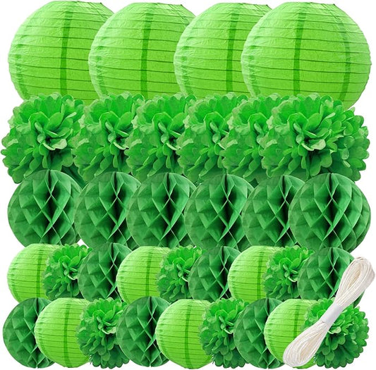 WOLHOWLTD Green Theme Paper Decoration Set - 34 pcs Lanterns,Pompoms,Honeycomb for Woodland,St. Patrick's,Jungle Theme, Wedding,Happy Birthday,Tropical Parties (Green)