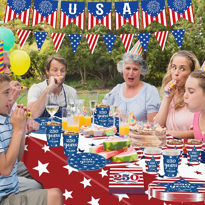 250th Anniversary USA Merchandise, 4th of July Decorations, Patriotic Party Supplies for Independence Day, Tablecloth, Plates, Napkins, Cups, Banner for 4th of July, 24 Guests