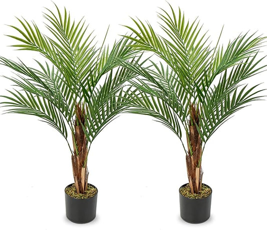 2 Set Fake Palm Tree 3ft Tall with 13 Lifelike Trunks Faux King Palm Artificial King Palm in Pots Tall Silk Plant for Indoor Home Office Living Room Floor Decor