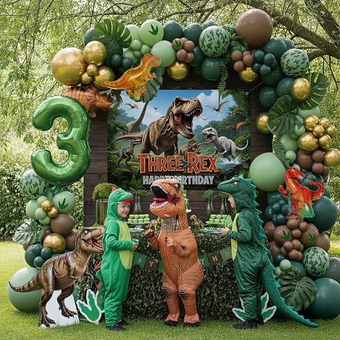 Dinosaur 3rd Birthday Party Supplies for Boys, Three Rex Decorations Kit: Hunter Green Gold Balloon Garland Arch, T-Rex Backdrop, Foil Balloons & Footprint Stickers - Jungle Safari Theme