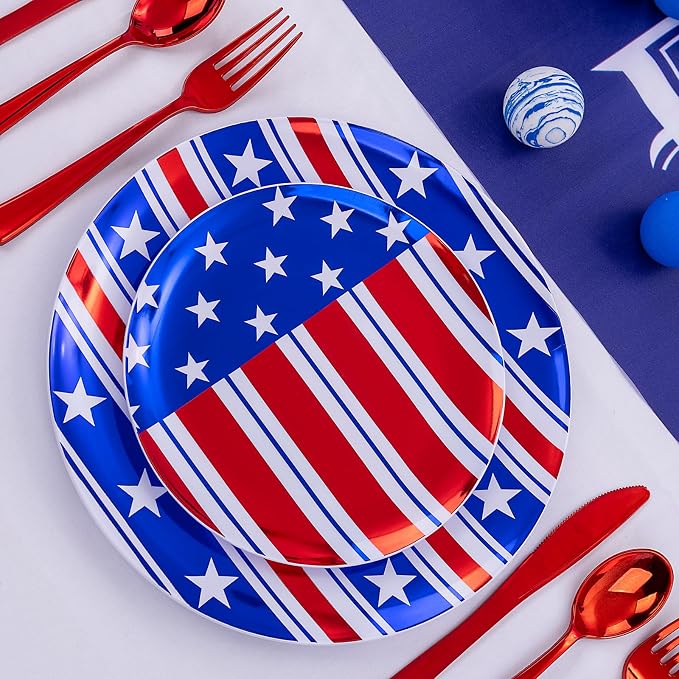 FLOWERCAT 60PCS 4th of July Plates & Red White Blue Plates for Independence Day - Patriotic Plastic Plates Include 30PCS 10.25inch Dinner Plates and 30PCS 7.5inch Dessert Plates