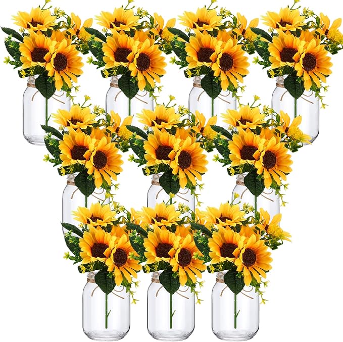 XunYee 10 Set Mason Jar Table Centerpiece with Flower Mason Jar Flower Centerpiece Vases Decor for Engagement Party Bridal Shower Wedding Reception Table Decor(Orange,Sunflower)