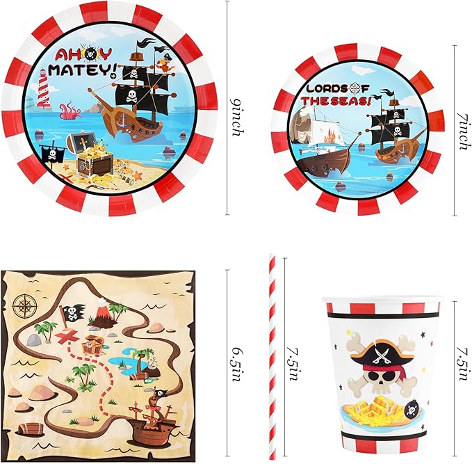 Recheel Pirate Birthday Party Supplies Decorations, Pirate Treasure Theme Paper Plates and Napkins Set with Cups and Straws for 24 Guests, 120 Pcs Disposable Party Dessert Dinnerwares