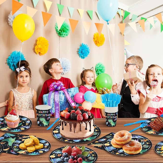 168PCS Dinosaur Party Supllies for Boys Cartoon Dino Birthday Party Decorations with Space Astronauts Planet,Dinosaurs Plates Cups Napkins Tableware -24 Guests