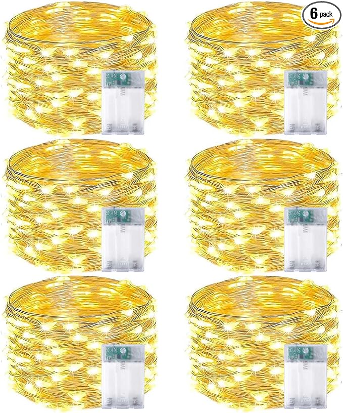 6-Pack Fairy Lights Battery Operated with Timer, 16FT 50 LED String Lights Indoor Outdoor, Cuttable Starry Fairy Lights Waterproof for Christmas Home Bedroom Wedding DIY Centerpiece Decor (Warm White)
