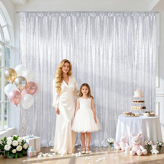 SquarePie 10x10ft Silver Sequin Backdrop for Photography, Satin-Backed Real Sequin Curtain, Enhanced Coverage Shimmering Background with 4" Rod Pocket for Wedding, Birthday, Party Decor, 1 Panel