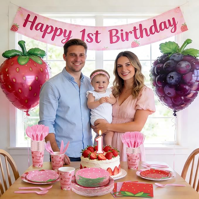 Kochorie 400 Pieces Strawberry Disposable Tableware Sets, Summer Fruit Party Supplies with Strawberry Birthday Party Plates Cups Napkins Cutlery Serves 50 for Berry First Birthday Decorations