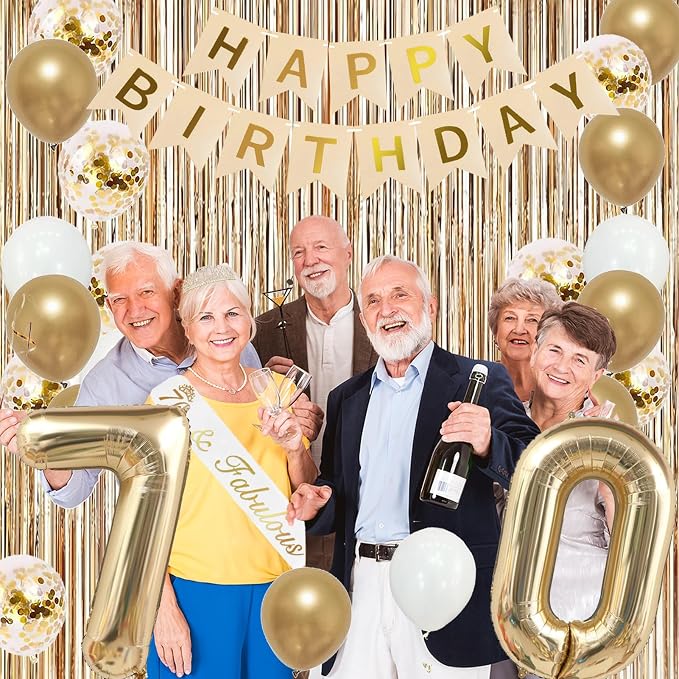 Trgowaul 70th Birthday Decorations for Women, Banner, Sash and Crown, Cake Topper, 70 Number Balloon, Fringe Curtains, Champagne Gold 70th Birthday Party Supplies