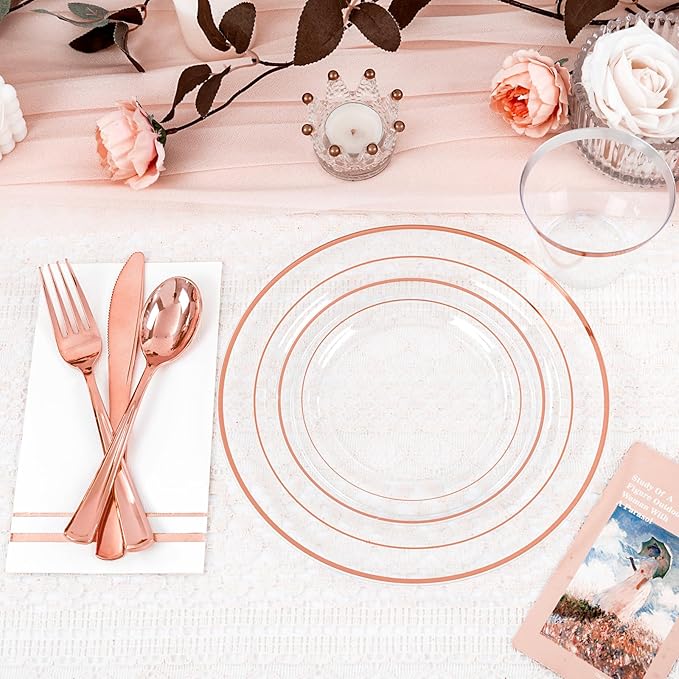 GATHER 350PCS Rose Gold Plastic Plates - Disposable Rose Gold Dinnerware Includes 100 Clear Rose Golds Rimmed Plastic Plates, 150 Silverware, 50 Napkins, 50 Cups for Party, Wedding, Mother's Day