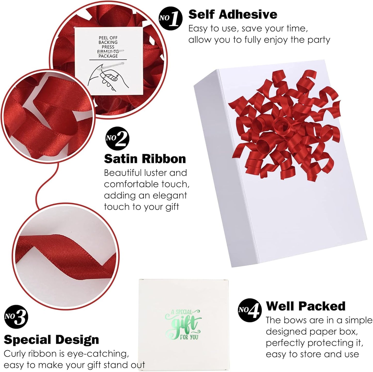 5 Inch Red Bows Curly Ribbon Bows for Gift Wrapping, Satin Bows with Double-Sided Tape, Self Adhesive Bows for Party, Wedding, Birthday Decor, Premade Bows for Crafts, Wine Glasses-8 Counts