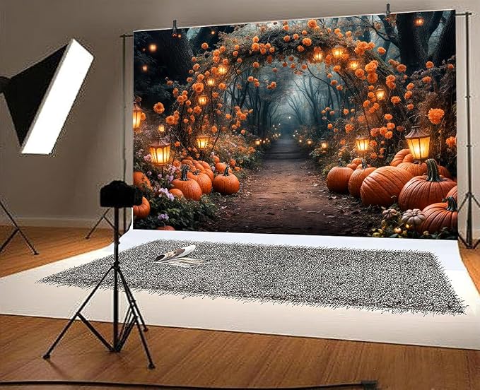 5 x 3 ft Fall Photography Backdrop Autumn Forest Maple Leaves Pumpkins Thanksgiving Party Supplies Nature Scenery Path Landscape Outdoor Party Decor Photo Booth Studio Props