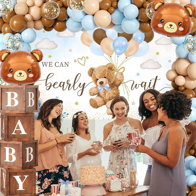 Blue Bear Baby Shower Decorations for Boy, 124pcs Bear Party Decorations with Blue and Brown Balloon Arch Kit, Backdrop, Wood Grain Baby Boxes for Boy Baby Shower Decor