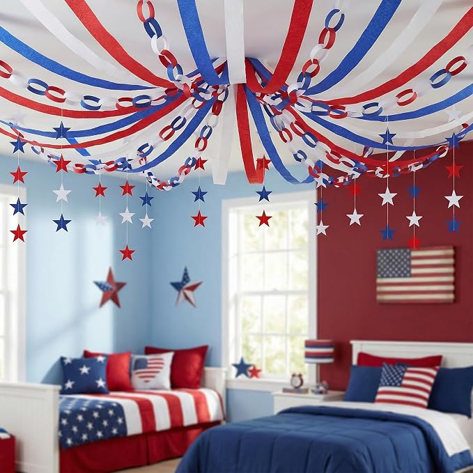 700 Sheet 4th of July Paper Chain Strips Set, 52 ft Red White Blue Star Garland Decor, 492 ft Patriotic Crepe Paper Streamers for DIY Crafts Memorial Day American Theme Party