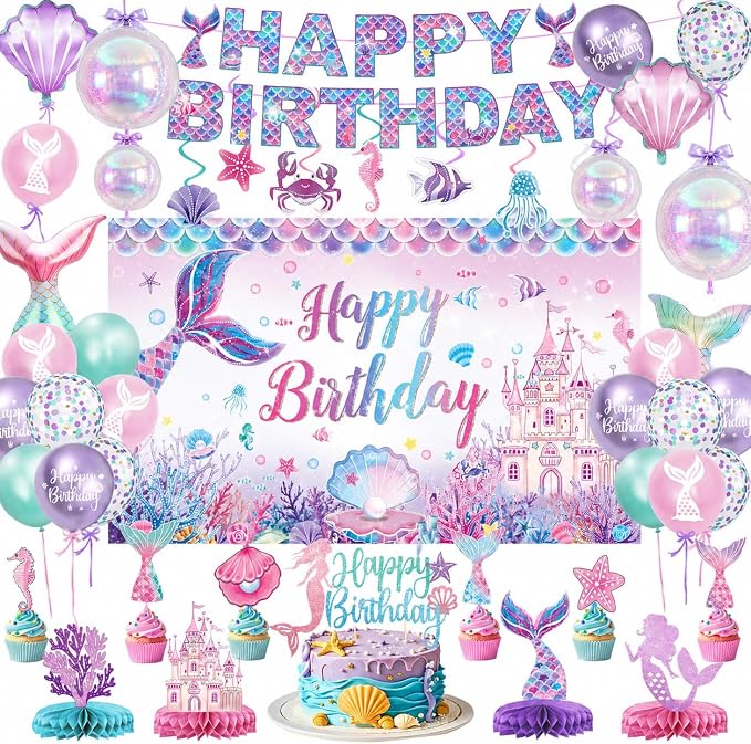 Mermaid Birthday Decorations – Includes Banner, Backdrop, Foil & Latex Balloons, Hanging Swirls, Cake & Cupcake Toppers, Honeycomb Centerpieces for Girls Mermaid Party Decorations