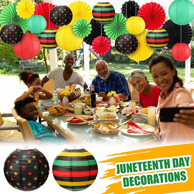VIHOSE 24 Pcs Black History Month Decorations Juneteenth Decorations Red Green Yellow Round Hanging Lanterns Paper Fan Flowers for African American Party Independence Celebrate Freedom Party Supplies