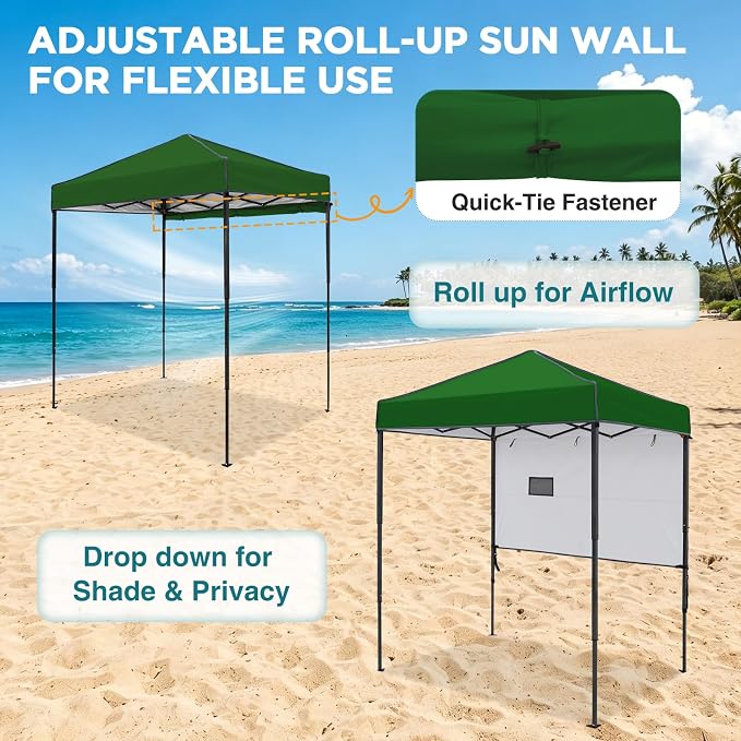 EAGLE PEAK 6x4 Instant Pop Up Canopy Tent with 1 Half Wall Panel, Straight Leg Sun Shelter, Portable Canopy with Carry Bag for Camping, Beach & Sports, Green