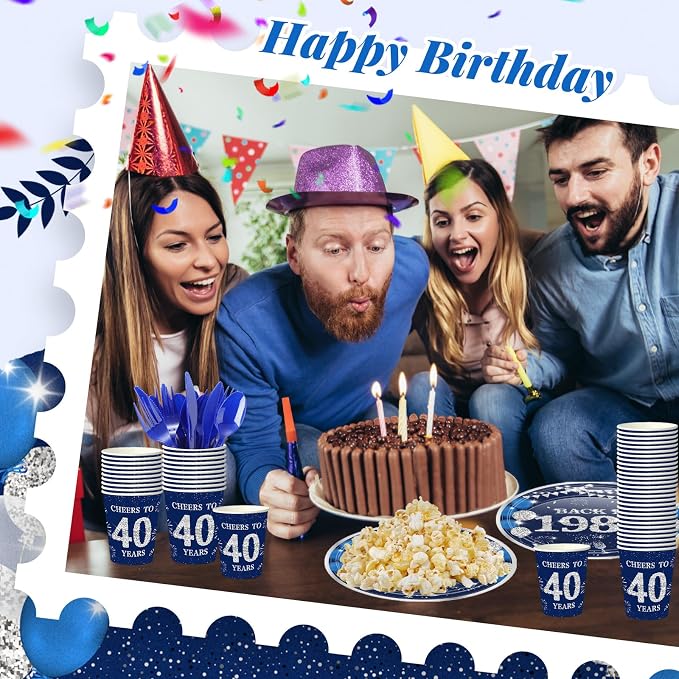 240 Pcs 40th Birthday Decorations 1986 Birthday Party Tableware Include Plates Napkins 9oz Cups Cutlery 40th Anniversary Party Supplies for Men Women Him Her, Serve 30 Guests (Blue Silver)