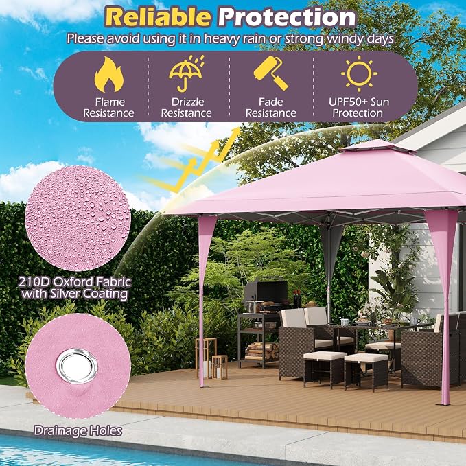 Tangkula 13x13 FT Pop Up Gazebo, UPF50+ Outdoor Sunshade Shelter with Carrying Bag, 8 Stakes, 4 Wind Ropes, Foldable Outdoor Gazebo for Beach Party Event Camping (Pink)