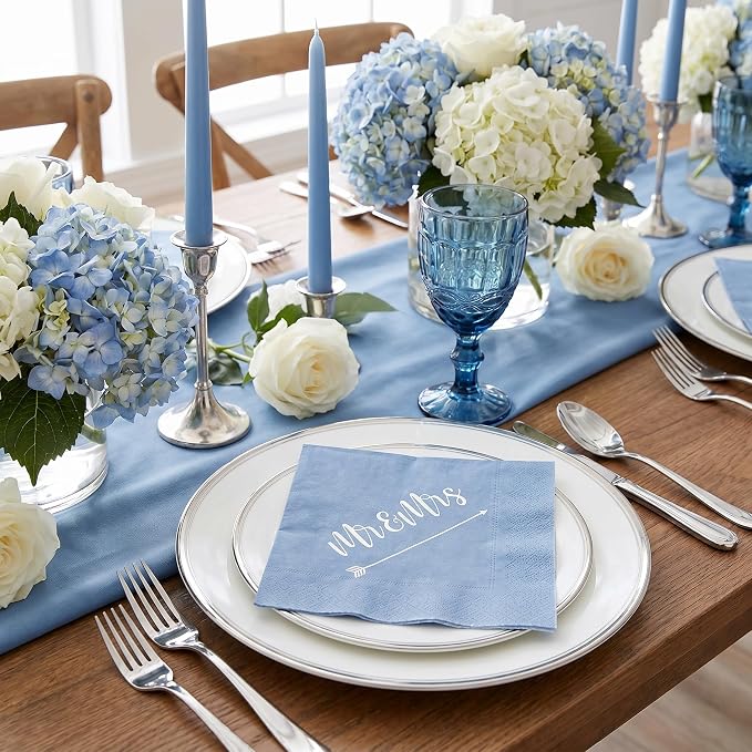 Teling 400 Pcs Wedding Napkins for Reception, 3 Ply Mr Mrs Wedding Cocktail Napkins for Engagement Bridal Shower Party Supplies Beverage Dessert Table Decorations(Haze Blue)
