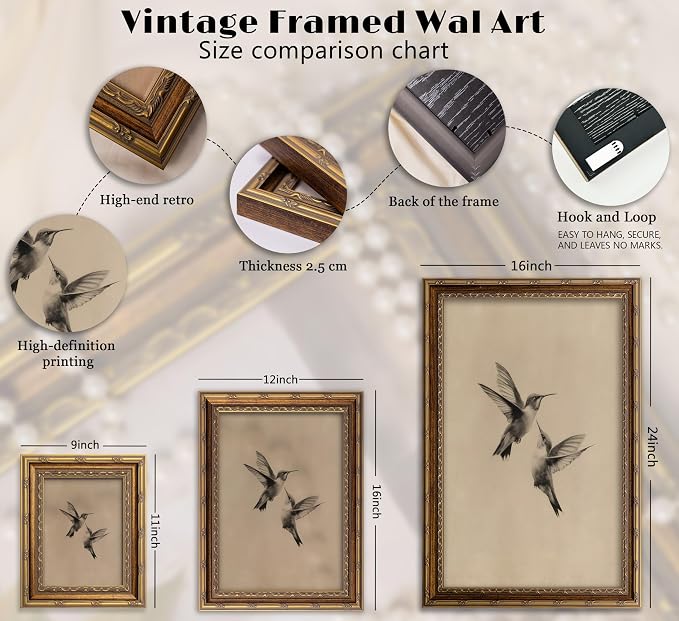 Vintage Gold Framed Vintage Birds Wall Art Birds Sketch Wall Decor Retro Hummingbirds Canvas print Retro Sketch Artwork Painting for Bedroom Living Room Shelf