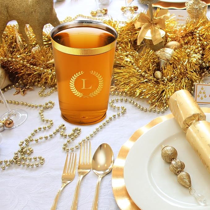 100 Pieces Monogrammed Plastic Cups Gold Foil Letter L Disposable Cups 12 oz Clear Initial Party Cups for Wedding Birthday Baby Shower Personalized Party Drinkware