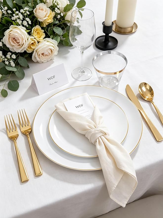 WDF 150Pcs White and Gold Plastic Plates - Gold Plates Disposable - 25 Guest Disposable Dinnerware Include 25 Dinner Plate, 25 Dessert Plate, 25 Cutlery & 25 9oz Cups for Wedding/Spring/Mothers Day