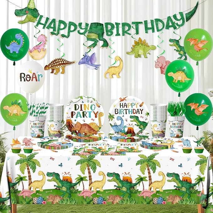 Dinosaur Birthday Decorations, 199Pcs Dinosaur Party Decorations Tableware Set Include Dinosaur Plates,Napkins,Cups,Balloon,Banner,Hanging Swirl,Cake Toppers,Tablecloth for Boy Dino Party Supplies
