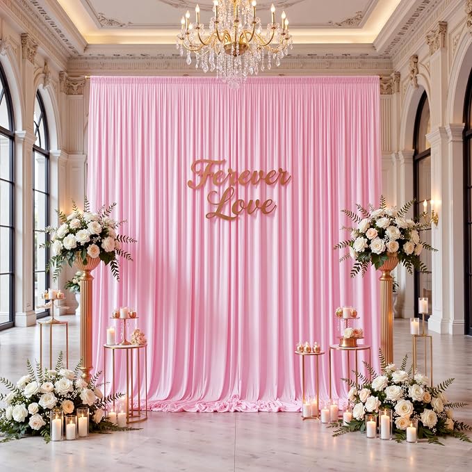 50ftx12ft Wrinkle Free Pink Backdrop Curtain, 10 Panels 12FT Height Pastel Pink Drapes for Wedding Backdrop, Silky Polyester Photo Back Drop Cloth for Birthday Party Photography Background