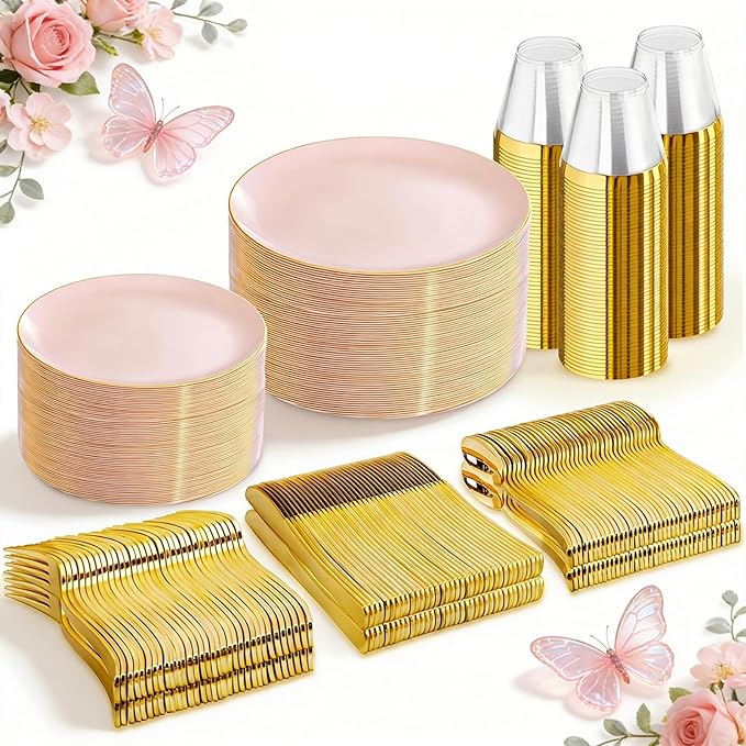 WDF 300Pcs Pink Plates Disposable - Pink and Gold Plastic Dinnerware Set for 50 Guests Include 50 Dinner & Cake Plates & 50 Disposable Cutlery & 50 9oz Cups for Wedding/Baby Shower/Spring/Mother's Day