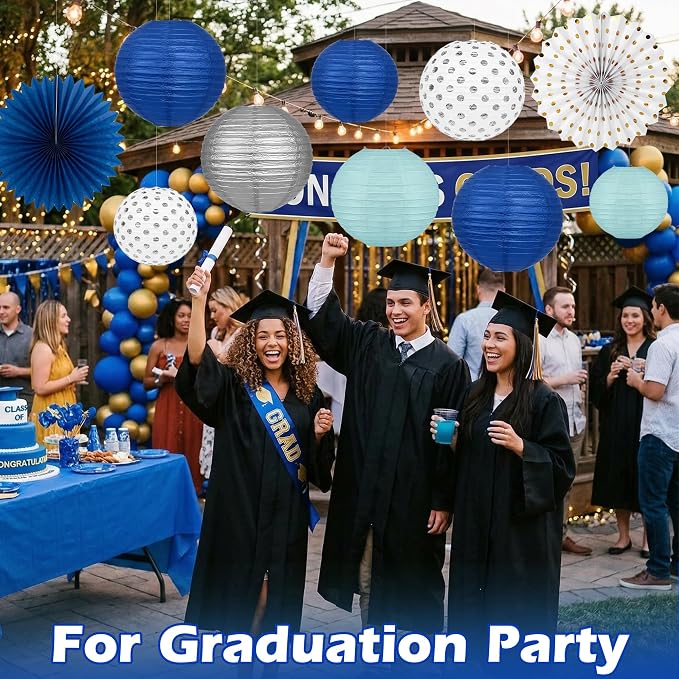 Navy Blue Party Decorations Set with Hanging Paper Lanterns Fans for Graduation Decorations 2026 50th 60th Birthday Wedding Anniversary Baby Shower Retirements