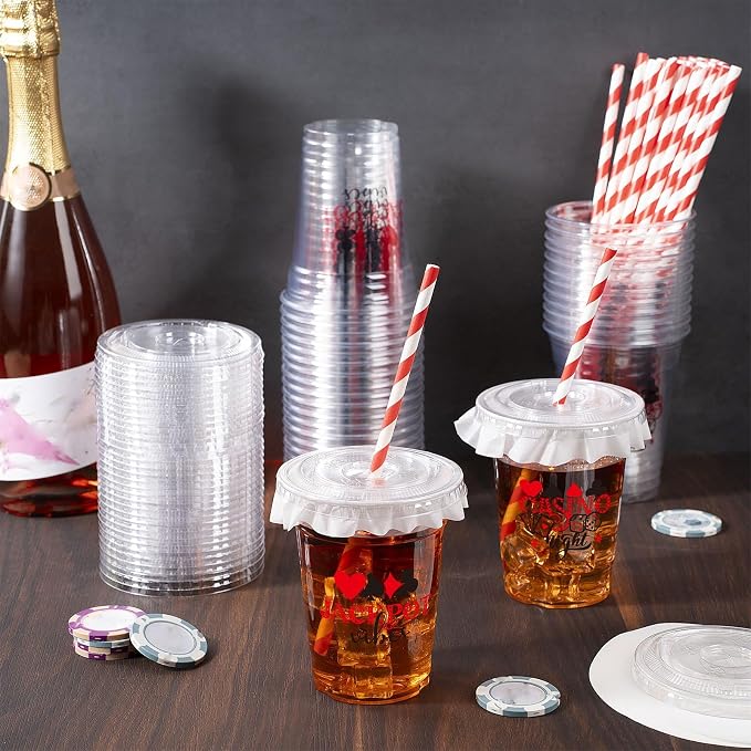 FoldTier 50 Pcs Casino Night Cups, 12 oz Disposable Plastic Cups with Straws and Lids for Home Casino Night Themed Holiday Party Supplies Favors
