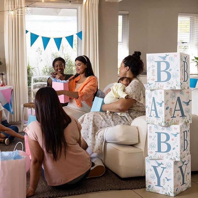 Qunclay 4 Pcs Sea You Soon Baby Shower Decorations Under the Sea Boxes with Letters Stackable for Baby Shower Blue Decorations Gender Reveal Decoration Photo Prop Ocean Animal Nursery Decor