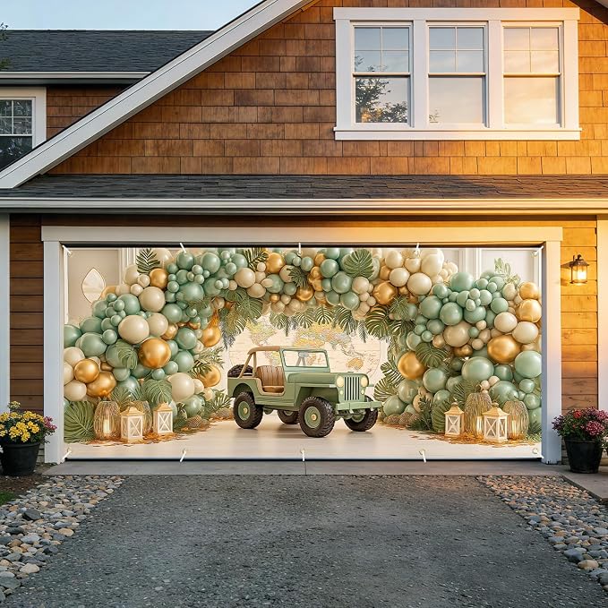 Happy Birthday Garage Door Banner Cover 7x16FT Waterproof –Jeep & World Map Backdrop with Green Gold Balloons,Indoor Outdoor Decor for Baby Shower,1st Birthday,Travel Themed Party & Photo Booth