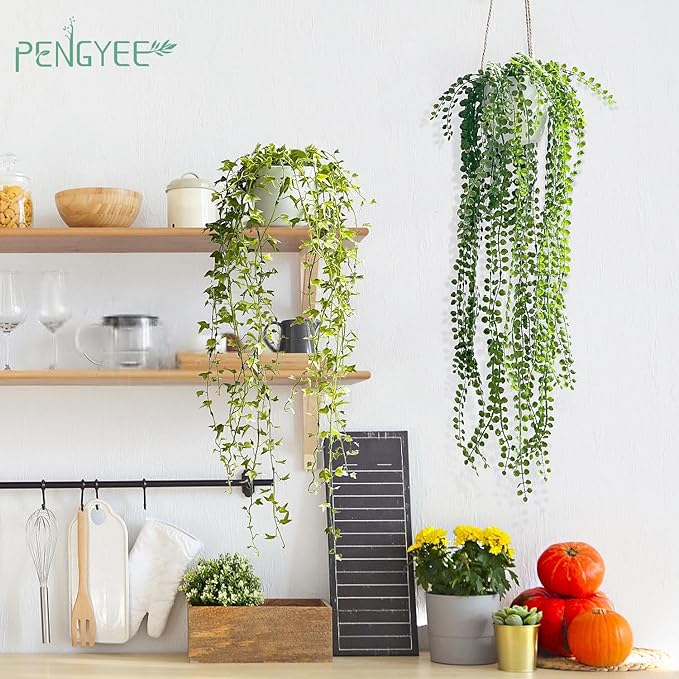 3 Packs 37" Fake Hanging Plants with White Pots for Wall Decor | Artificial Mandala Vine, Indoor/Outdoor Use, for Home Bathroom Bedroom Office Decor, Easy to Clean, Lifelike Appearance