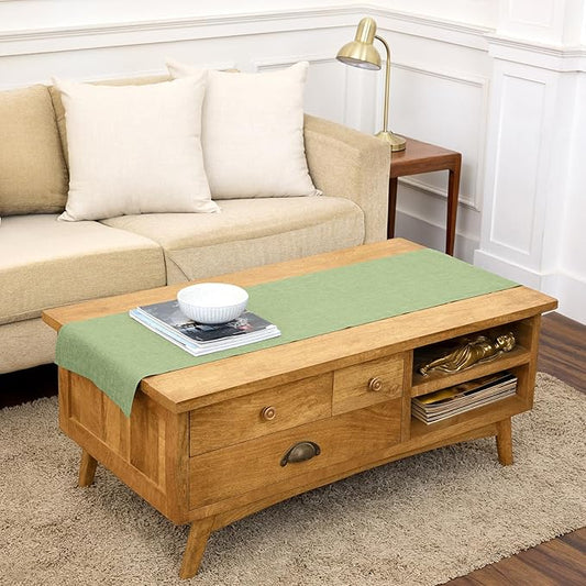 Solino Home Linen Small Table Runner 60 Inches - Athena, 100% Pure Linen Chambray Olive Table Runner 14 x 60 Inch Ideal for Dresser and Coffee Tables - Spring, Summer