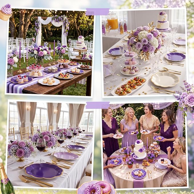 72 Pcs Purple Paper Plates 9 Inch Lavender Gradient Scalloped Paper Disposable Dinner Dessert Plates for Birthday Wedding Bridal Baby Shower Party Supplies, 6 Colors