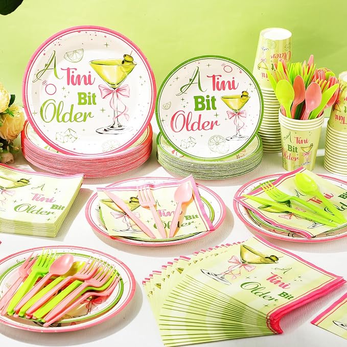 Pickmesh 400 Pcs A Tini Bit Older Birthday Party Plates and Napkin Decoration Martini Cups Knives Hot Pink & Green Paper Tableware for Women Birthday Bridal Wedding Baby Shower Supplies Serve 50
