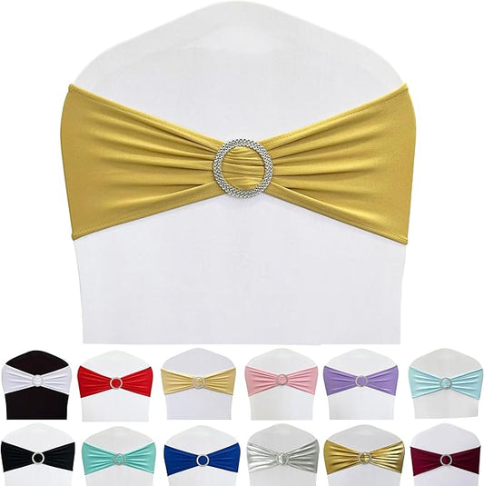 Spandex Chair Sashes Bands 100PCS Stretch Chair Ties Bows with Buckle Slider for Wedding Party Banquet Decoration (Gold New)