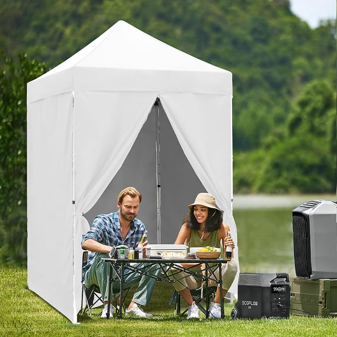 5x5 Pop Up Canopy Tent with Four Sidewalls, Instant Portable Beach Canopy, Outdoor Tent with Carry Bag for Camping, Sports, Tailgating, Events, White