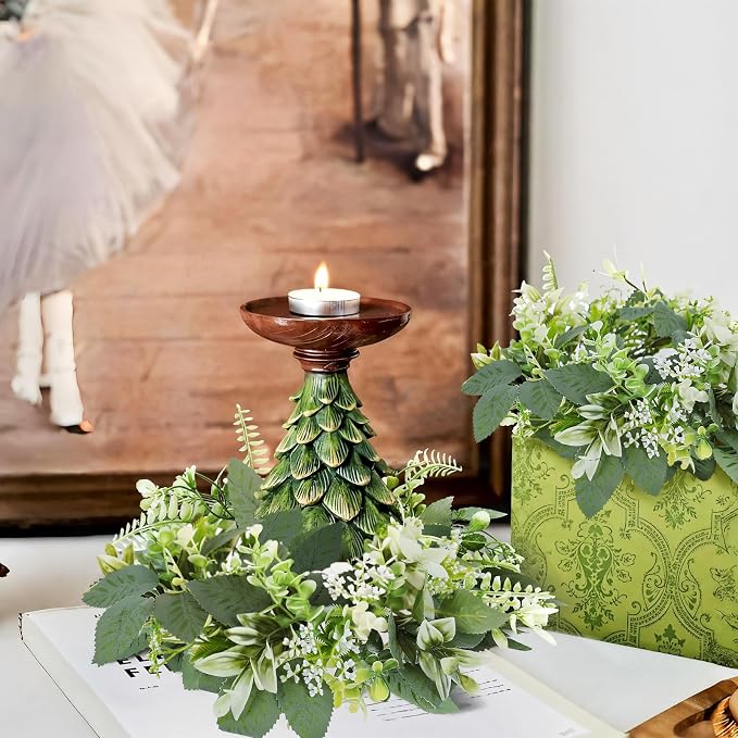 3PCS Artificial Eucalyptus Leaves Wreaths Candle Rings Wreaths Summer Greenery Garland Pillar Holder for Home Wedding Party Table Centerpiece Green