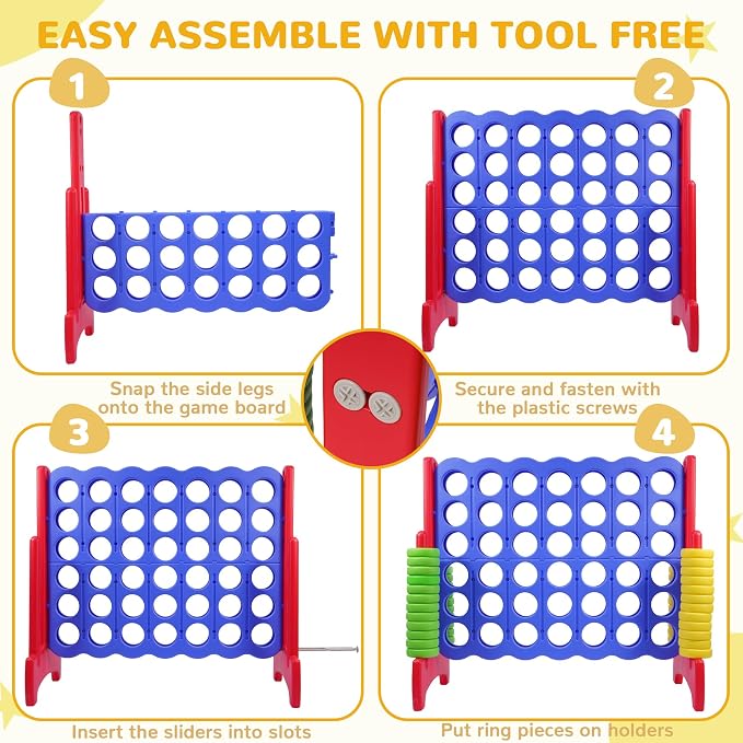Peekabu Giant 4-in-A-Row Connect Game Outdoor, 3.5FT Jumbo 4-to-Score Yard Game for Kids & Adults, 42 Rings & Quick-Release Slider