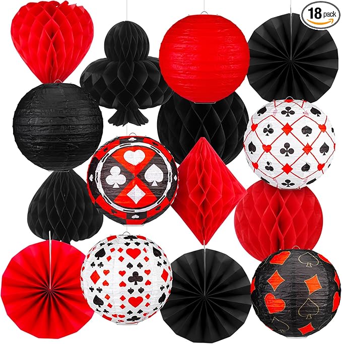 Baquler 18 Pcs Casino Party Decoration 3D Poker Hanging Paper Lantern Red and Black Fans Honeycomb Ball for Las Vegas Game Casino Night Birthday Party Ceiling Decor Supplies